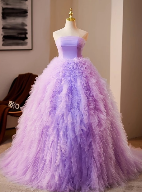 カラードレス パープル/紫 チューブトップ ラッフルフリル チュールスカート ビスチェタイプ フレアスカート