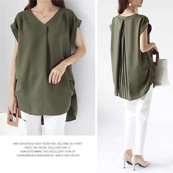 【即納】Tシャツ 女装夏vネック気質トップスシフォンギャザーエレガントゆったり通勤プリーツキルトシフォンシャツ