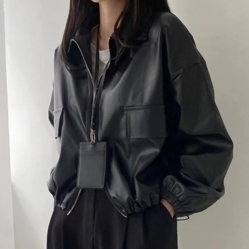 メガ割 アウタートレンチコートムートンファッションアウター人気ボアアウターのフレンチレトロな大ポケットシンプルドローコードウエスト収納ファスナー開襟レザーコート女性ムートンアイテム福袋