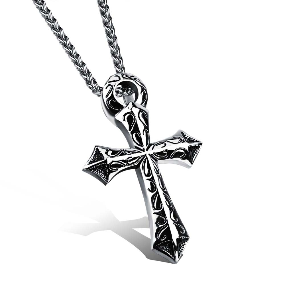パルメットクロスステンレスネックレス 60cmのチェーン付き 首飾り ロザリオ 十字架 ペンダントトップ 男性 女性 チョーカー 父の日 プレゼント 大きい かっこいい stt00-00-0301
