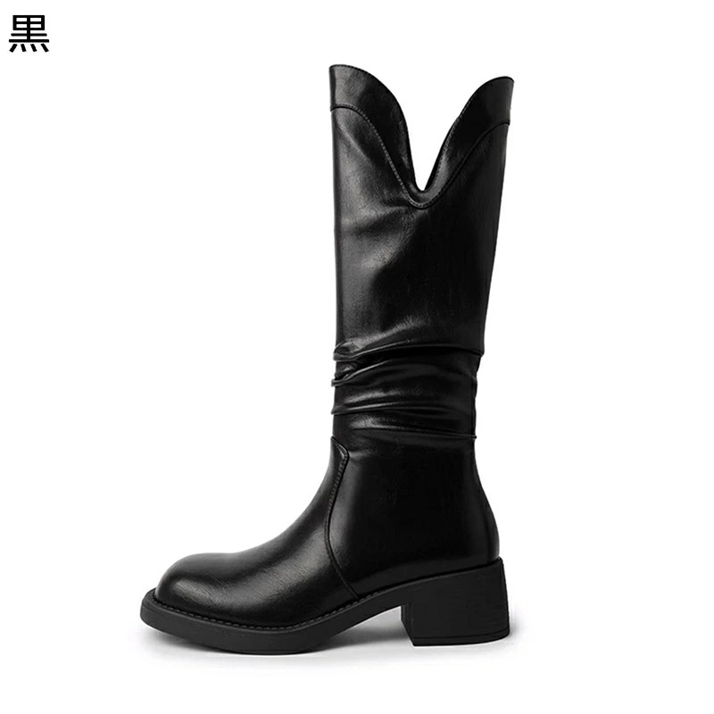 ロングブーツ レディース ウェスタンブーツ 秋 冬 くしゅくしゅ ミドルヒール ラウンドトゥ スクエアヒール 防水性 素色 無地 a色 オシャレ 滑らない カジュアル 柔軟 日常 シンプル