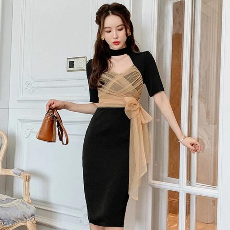 パーティードレス 韓国 フィッシュテール シースルー レース アシンメトリー ケープ セクシー 高級感 ブラック 華やか ミモレ丈 2way オフショルダー ラグジュアリー パーティー 演奏会 キャバ