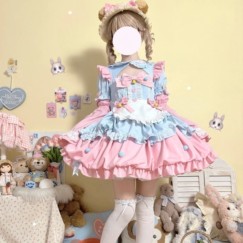 Lolita可爱いメイド风リバーシブル袖ワンピースロリータopプリンセススカート大童ロリポップスカート