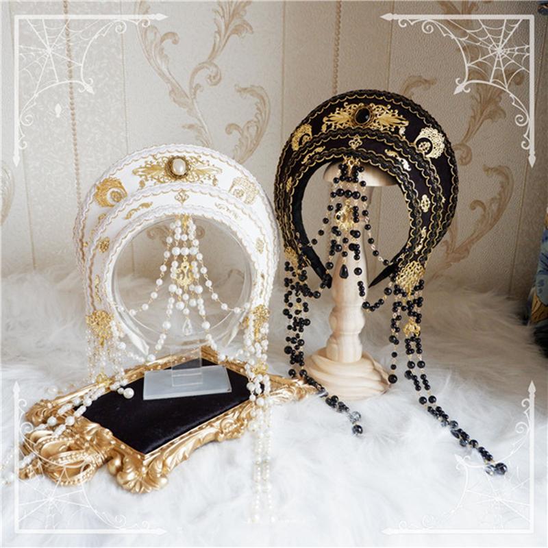 ロリータ カチューシャ ヘッドドレス 中世ヨーロッパ風 髪飾り 冠 ボリューム 豪華 華麗 上品 かっこいい シック パール チェーン