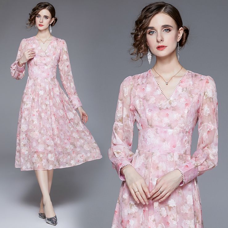 【5,121円クーポン利用で 9/20まで ブイネックピンク水彩花柄ワンピース ワンピース ドレス ドレス 二次会 結婚式 大人 上品 入園式 卒業式 入学式 OL レディース 春 夏 秋 冬