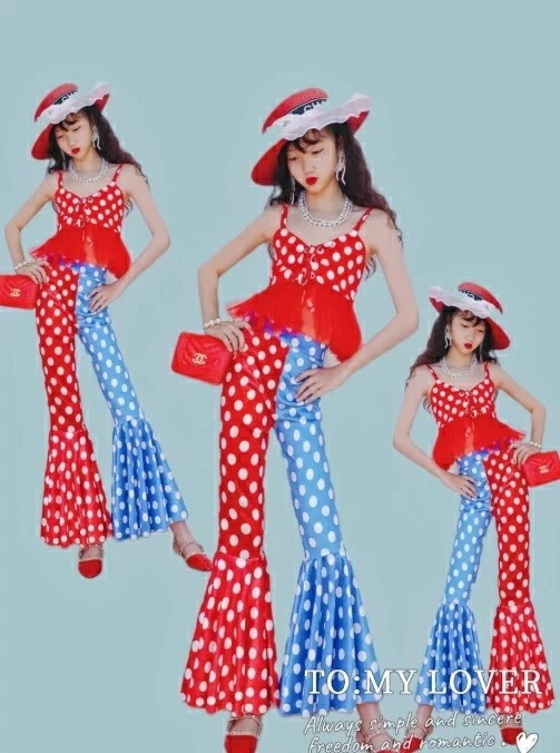 ステージ 応援団 ランス風 イベント ヴィンテージ風 レトロダンス衣装 演出服 フレアパンツ 上下セットアップ hippop キッズ 練習着 団体 イラスト風 女の子 デスコ風 時代感 110-16