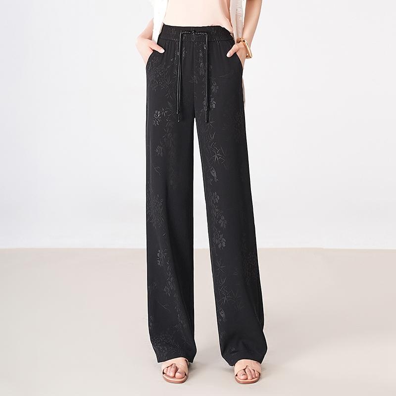 レディース ファッション おしゃれ 上品 シンプル ひんやり 涼しい 快適 ワイドレッグ パンツ 夏 薄手 涼しい 涼しい パンツ ハイウエスト ジャカードパンツ ドレープ ブラック ストレート パン