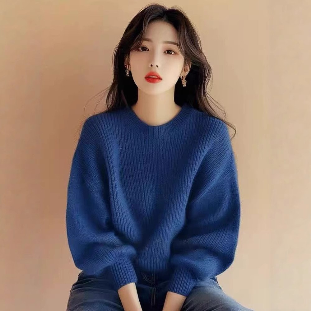 ブルーリラックスソフト心地よいスタイルのレディースセーター2025年秋冬新作ハイエンドのゆったりとしたラウンドネックプルオーバーニットトップ