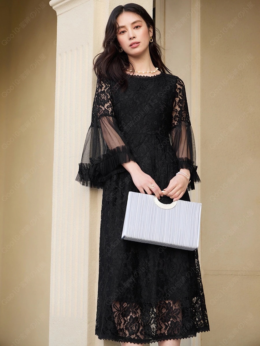 cuiying日系甘美風メッシュキルティングフレアスリーブ丸首ロングレースワンピース88653-55