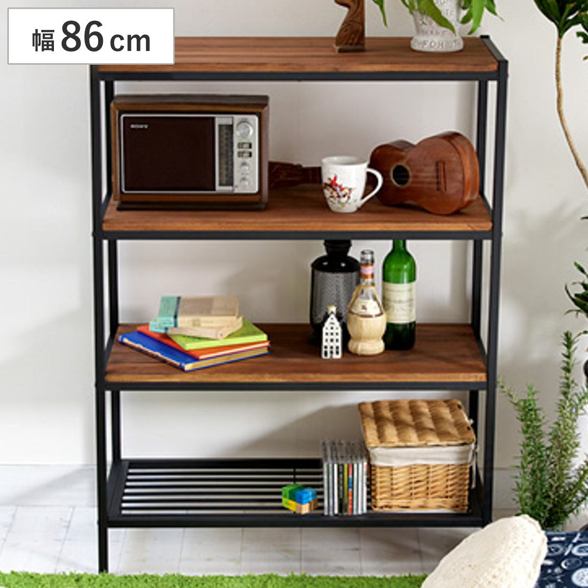 オープンラック 4段 奥行38cm 天然木 BRICK ラック シェルフ 棚 収納 スチール 木製 可動棚 ディスプレイ リビング 家具 四段 ブラックスチール A4