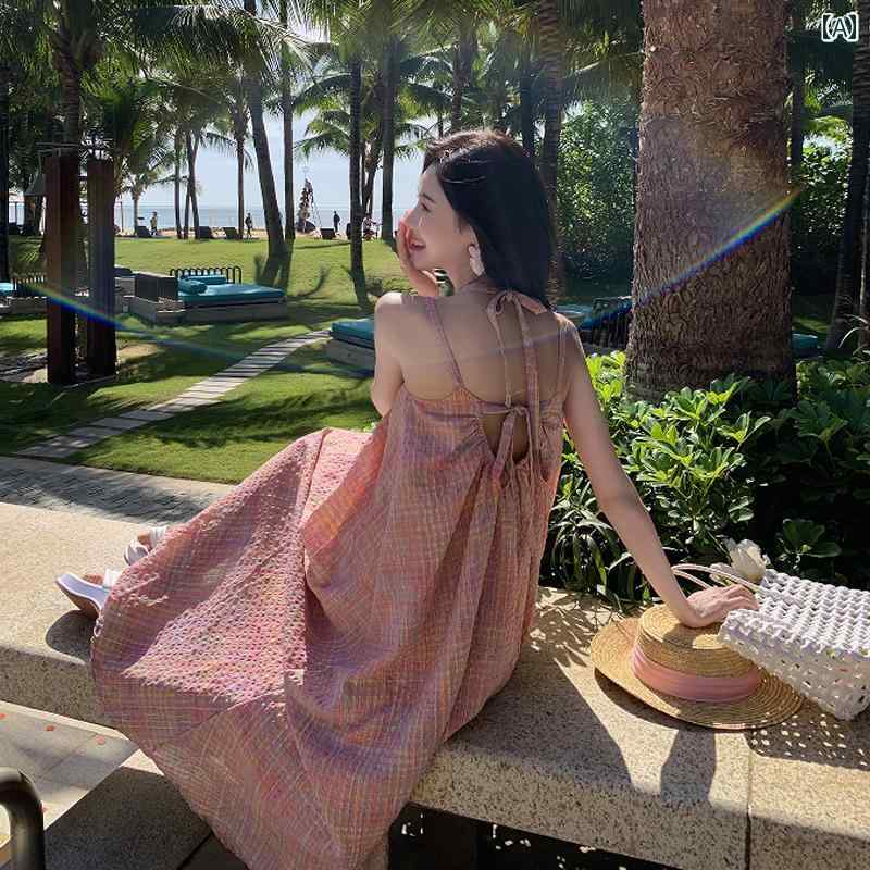 ワンピース 大人 レディース ビーチ 服装 ピンク チェック柄 ドレス スカート リゾート ビーチ スカート かわいい おしゃれ きれいめ