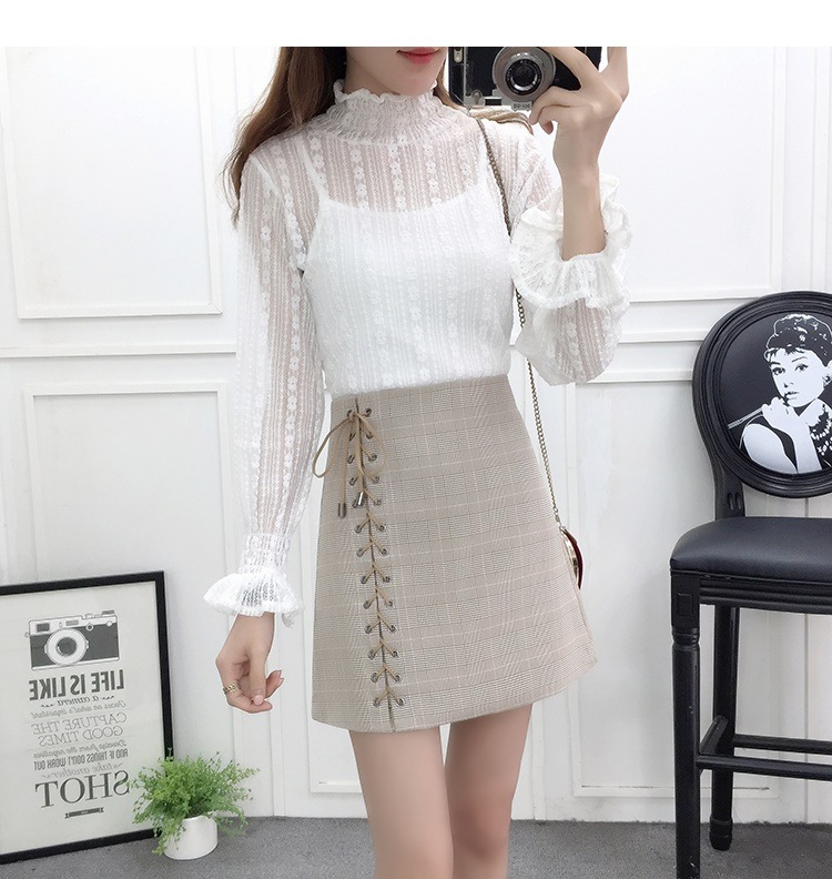 3049.レーストップス＆Aラインチェック柄膝丈スカート（ホワイトカーキ）