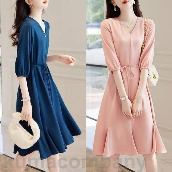 ワンピース ドレス 袖あり エレガント レディース きれいめ カジュアル おしゃれ 半袖 五分袖 大人 可愛い フェミニン ミモレ丈 ひざ丈 Vネック ゆったり 体型カバー ウエストリボン ピンク ブ