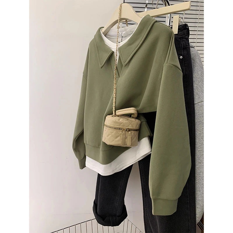 グリーンフェイクツーピースポロカラーショルダースウェットシャツ女性用秋ゆったり大きいサイズフード付きプルオーバートップス2023新トレンド30%制限