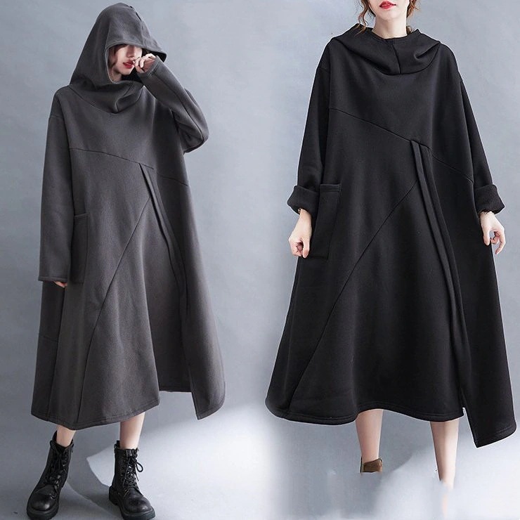 大きいサイズレディースパーカーワンピース無地オーバーサイズプルオーバーアシメブラック