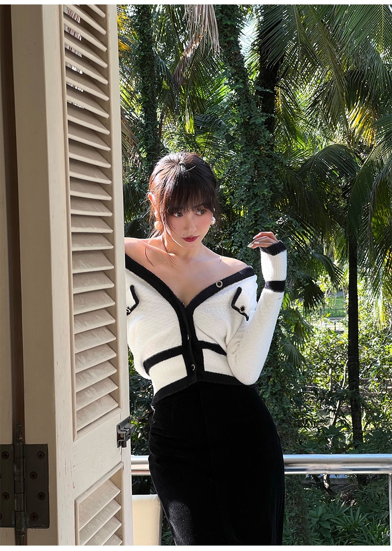 黒と白のカラーマッチング ウール ニット トップ 秋 フレグランス スタイル ハイエンド ファッション スーツ S M トップス 袖あり かわいい 大人可愛い きれいめ シンプル カジュアル 大人