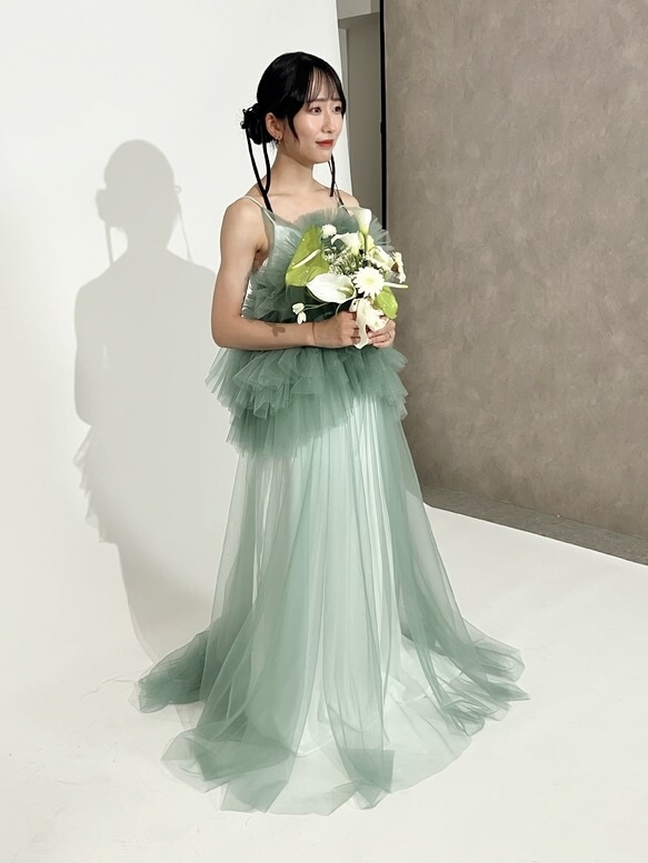 実例写真！パーティードレス グリーン キャミソール ツーピース チュールスカート ロング 結婚式 前撮り