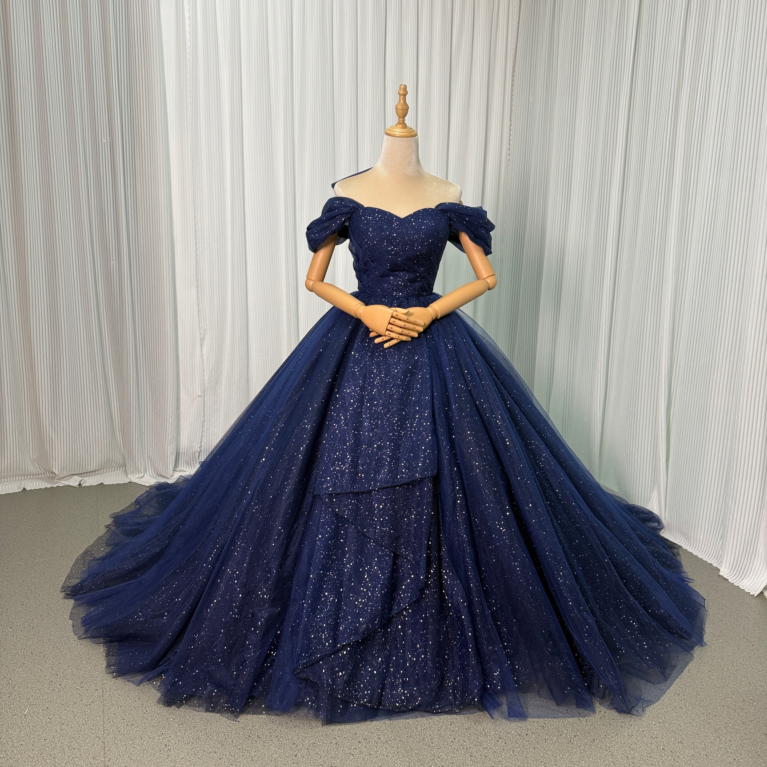 カラードレス ネイビー オフショルダー キラキラチュール フレアスカート 豪華なバックリボン 披露宴