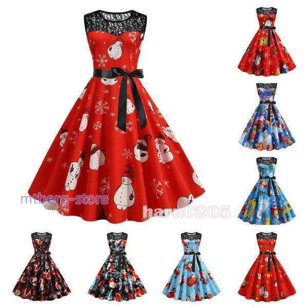クリスマス衣装 レディース ガールズ ワンピース レース 袖無し 雪柄 サンタ プリント 仮装 コスチューム Xmas 赤 イベント パーティー クリスマス 演出服