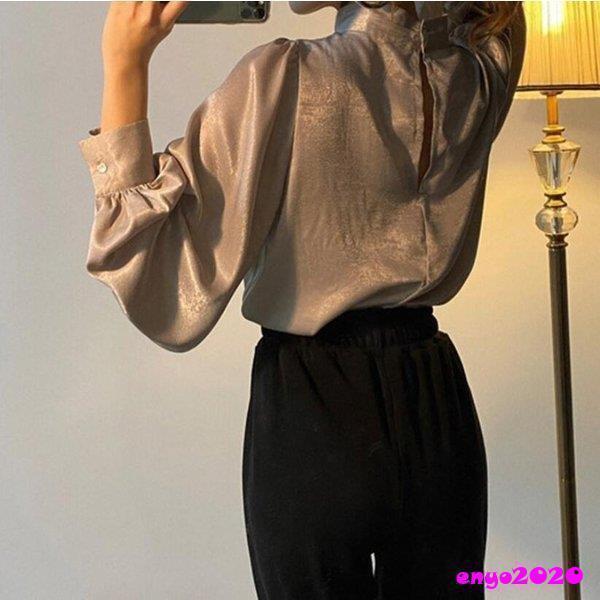 長袖 バルーン袖 ブラウス 韓国ファッション レディース サテン バルーンスリーブ 黒 ベージュ ボリューム袖 カーキトップスシャツブラウストップスシャツブラウス