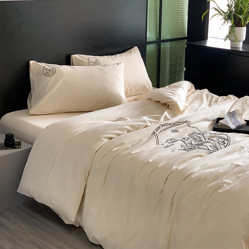 文学的なレトロスタイルのウォッシュコットン刺繍4点セット無地刺繍ベッドシーツキルトカバー寝具