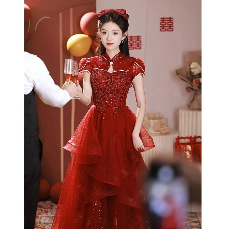 チャイナドレス 2025 花嫁の結婚式レッドメインウェディングドレスハイエンド婚約ドレス女性 5,508円