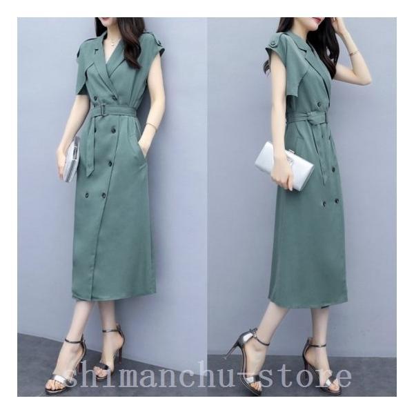 シャツワンピースノースリーブロングトレンチ風ドレスレディースベルト付ミモレ丈夏スーツワンピダブルボタン
