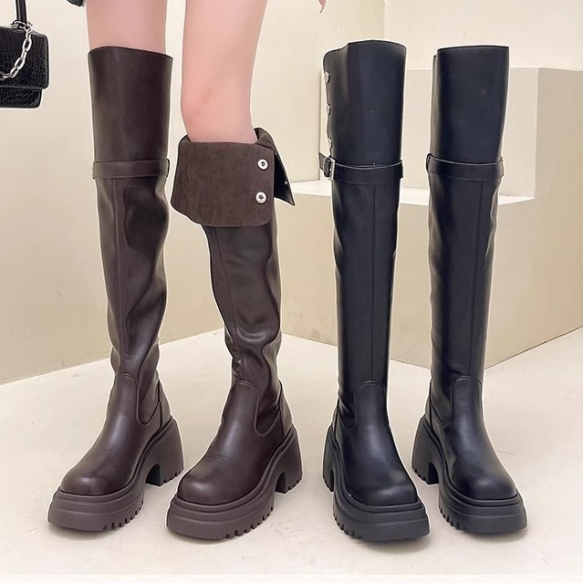 【急速出荷!】新しい秋と冬の2つのウェアクロス膝の折りたたまれた女性の小さな太い厚さの厚いかかとの薄いブーツ