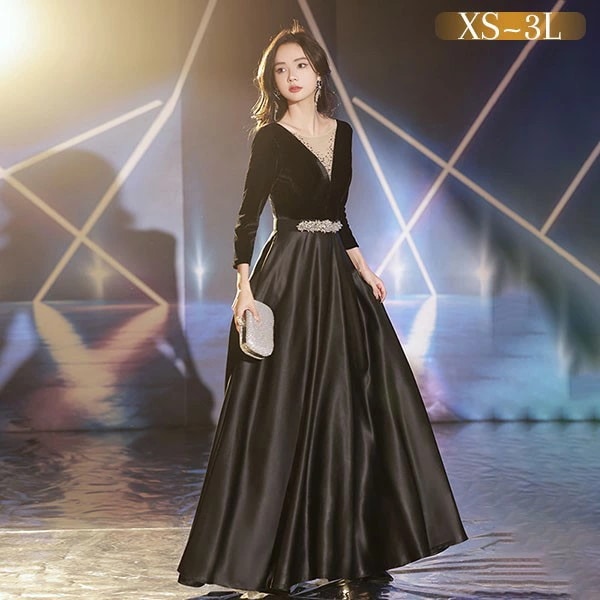 ドレス 大人 ピアノ 発表会 ロングドレス 演奏会 結婚式 母親 ピアノ発表会 黒 袖付き ワンピース 長袖 演奏会ドレス 演奏会用ドレス パーティードレス イブニングドレス ロング丈 大きいサイズ