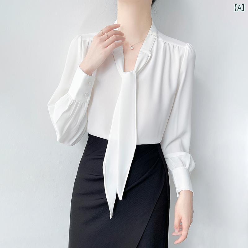 レディース シャツ ブラウス 長袖 春秋 白 Vネック スカーフ風ネックタイ付き プリーツ シンプル プルオーバー エレガント シック モダン フェミニン 上品 おしゃれ スタイリッシュ