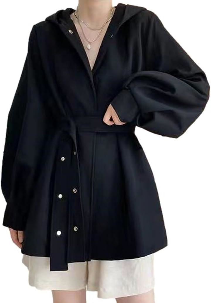 コート レディース トレンチ スプリング フード付 バルーンスリーブ Aライン ポンチョ ベルト付 ショート丈 オシャレ着 カジュアル 腰周り フーデットコート 羽織(ブラック, S)