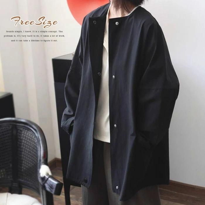 【新店限定最低価額】コート レディース 秋服 アウター 羽織り ノーカラージャケット ロング 長袖 ポケット 黒 ブラック スタップボタン 上品 高品質 ゆったり 大人ノーカラーコート