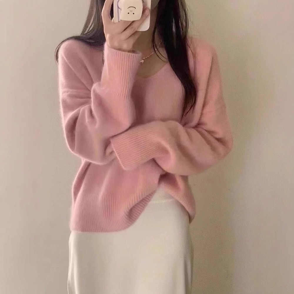 新しい無地のソフトキャンディカラーのルーズVネックプルオーバーニットトップスレディース秋冬インナーセーター