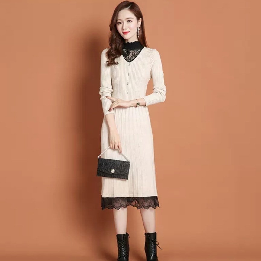 ワンピース デート ニットソー 膝丈 ひざ丈 ミモレ ミモレ丈 袖あり 長袖 レース かわいい 大人可愛い きれいめ シンプル カジュアル 大人 上品 おしゃれ お洒落 かっこいい 大人女子 こなれ感