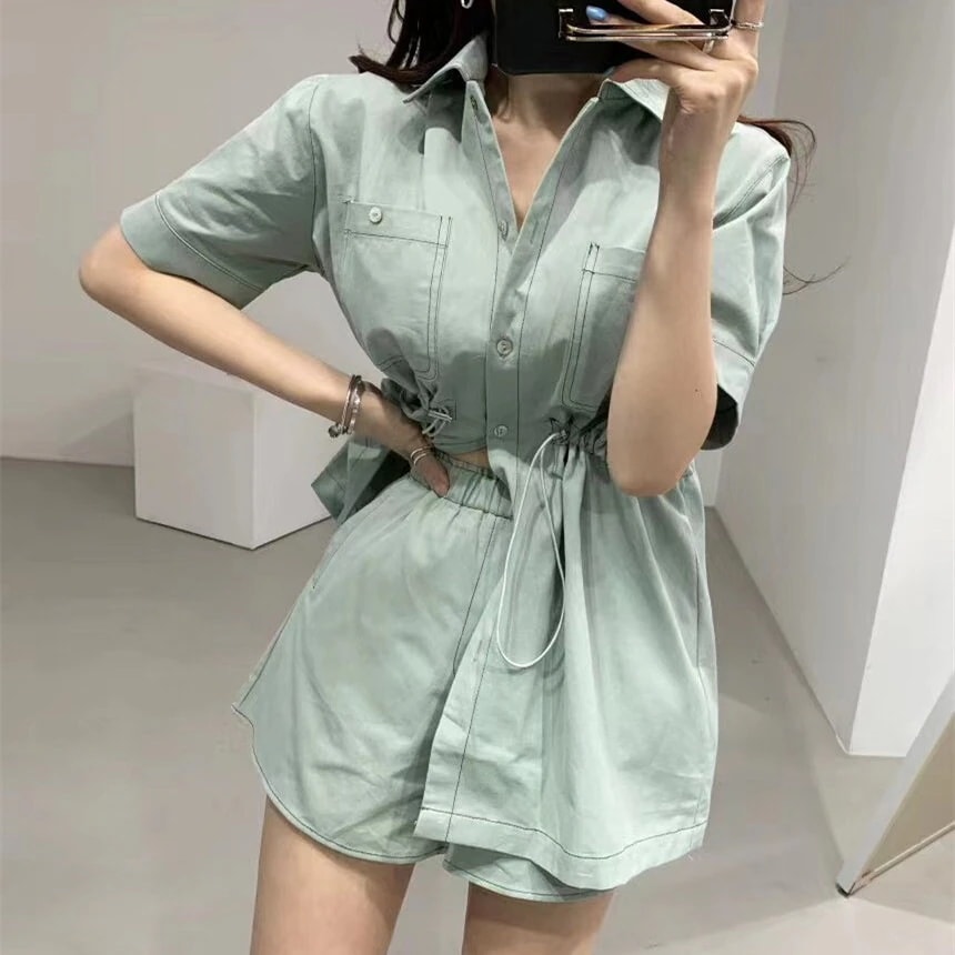 ステッチシャツ ショートパンツ ワンピース セットアップ シャツ ショートパンツ ワンピドレス ショート ショート丈 袖あり 半袖 襟付き ウエストマーク ハイウエスト 前開き 綿 上下セット