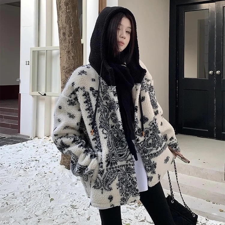 ペイズリー フード ボア ブルゾン レディース 韓国 アウター ファッション ジップ ボアフリース ジャケット