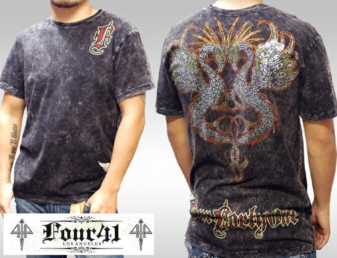 Four41 Los Angeles フォーフォーティーワン メンズ ラインストーン Tシャツ ゴールデンフェニックス ブラック オレンジ k-87 スワロフスキー インポート セレブ ブランド スト