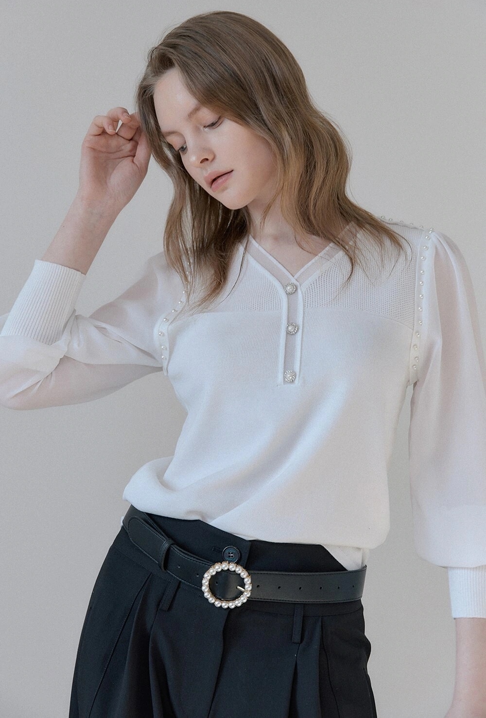 シフォンスリーブ サマーセーター トップス カットソー 袖あり 7分袖 長袖 ボリューム袖 Vネック シフォン 透け感 シースルー サマーニット 異素材MIX かわいい 大人可愛い きれいめ シンプル 7,785円