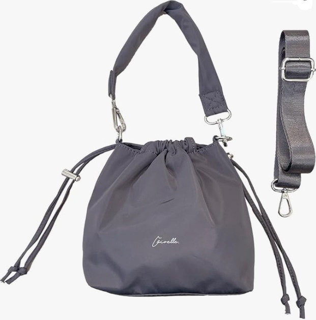 ダークグレーショルダーバッグ 小さめ 巾着 2way 斜めがけ 軽量 撥水 ナイロン ミニ コンパクト ポシェット 肩掛け 手提げ レディース