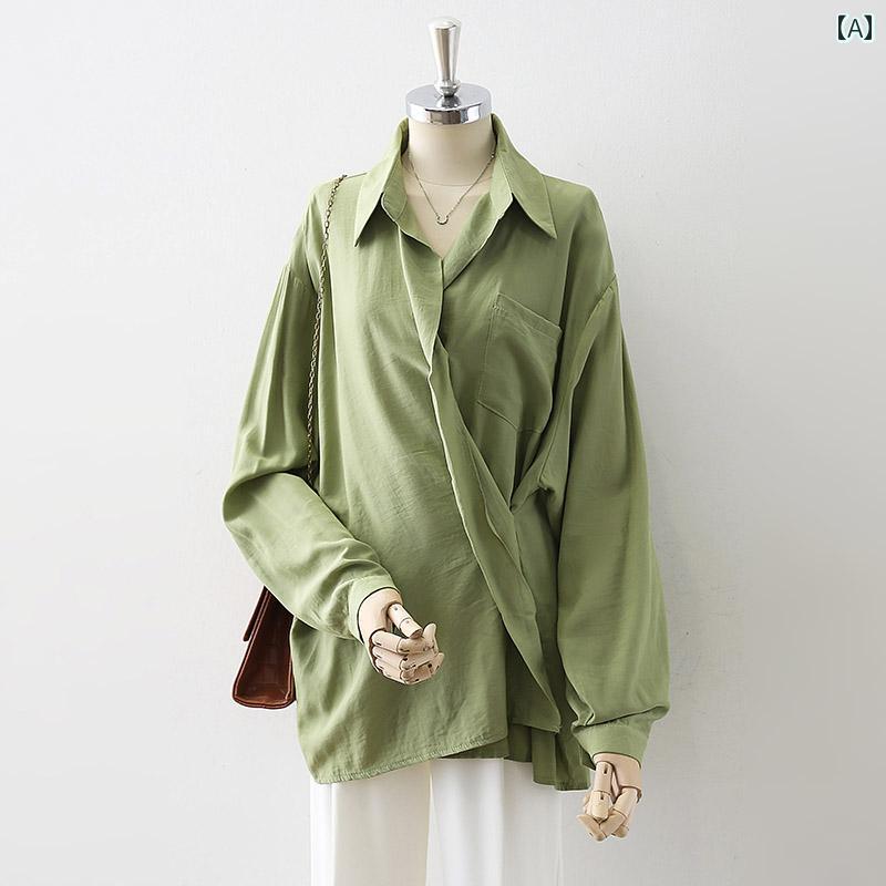 レディース アウターシャツ ブラウス トップス 長袖 春秋 ロング丈 長め シャツ襟開襟 Vネック ルーズフィット サイドボタン モード 個性的デザイン 透け感 エレガント スタイリッシュ