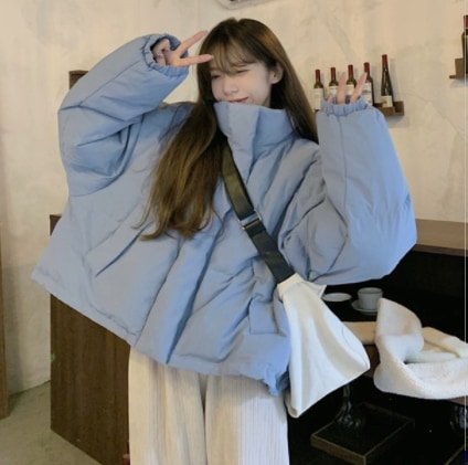 中綿ジャケット アウター シンプル ブルー 青 ショート丈 袖あり 長袖 スタンドカラー