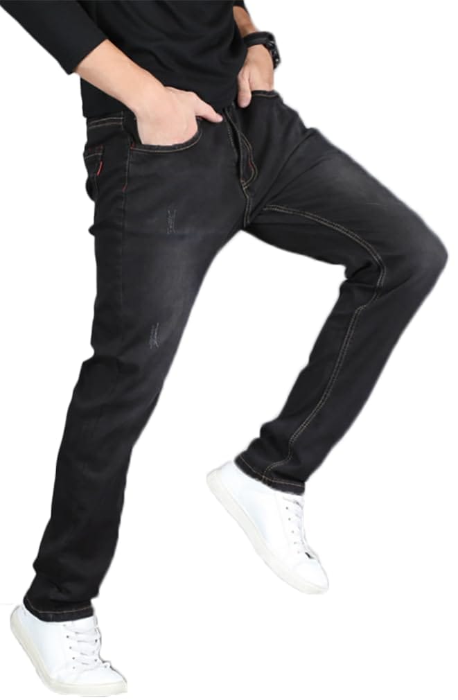 [Spargel] ヴィンテージ加工 ストレッチ ストレート ジーンズ 薄手 メンズ (ブラックデニム,36)