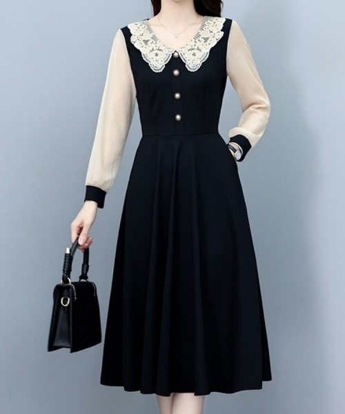 レディース ワンピース 膝丈 長袖 Vネック 襟付き ビッグカラー ドールカラー Aライン レース フリル ファスナー ポケット コットン 大人可愛い 上品 おしゃれ ガーリー 個性的 存在感