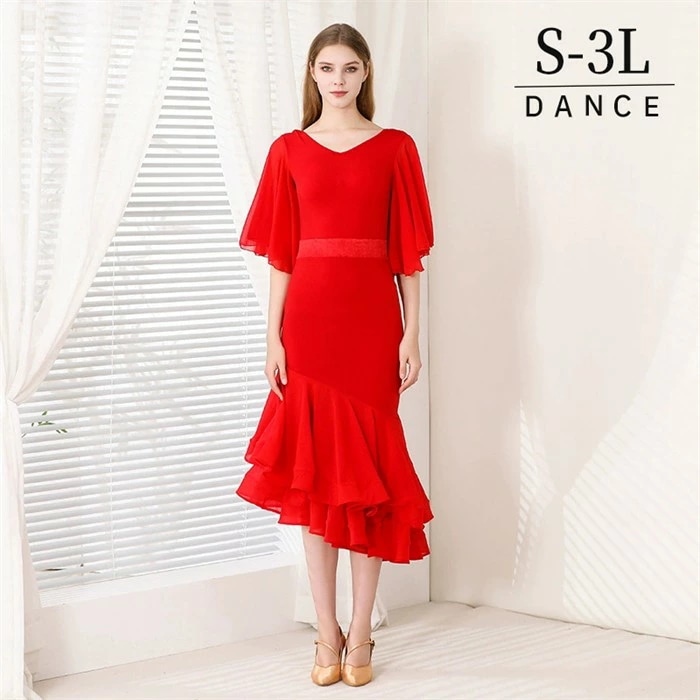 完売御礼社交ダンスドレス モダンドレス 赤 レッド 社交ダンス衣装 社交ダンス レッドドレス ミモレ丈 スタンダードドレス ワルツダンス ステージ衣装 ダンス衣装 ダンスウェア 競技会 パーティー 発