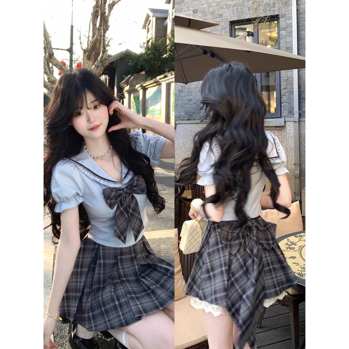 【急速発送】スクールスーツリボンネイビーカラーシャツ+チェック柄ハーフスカート上下セット