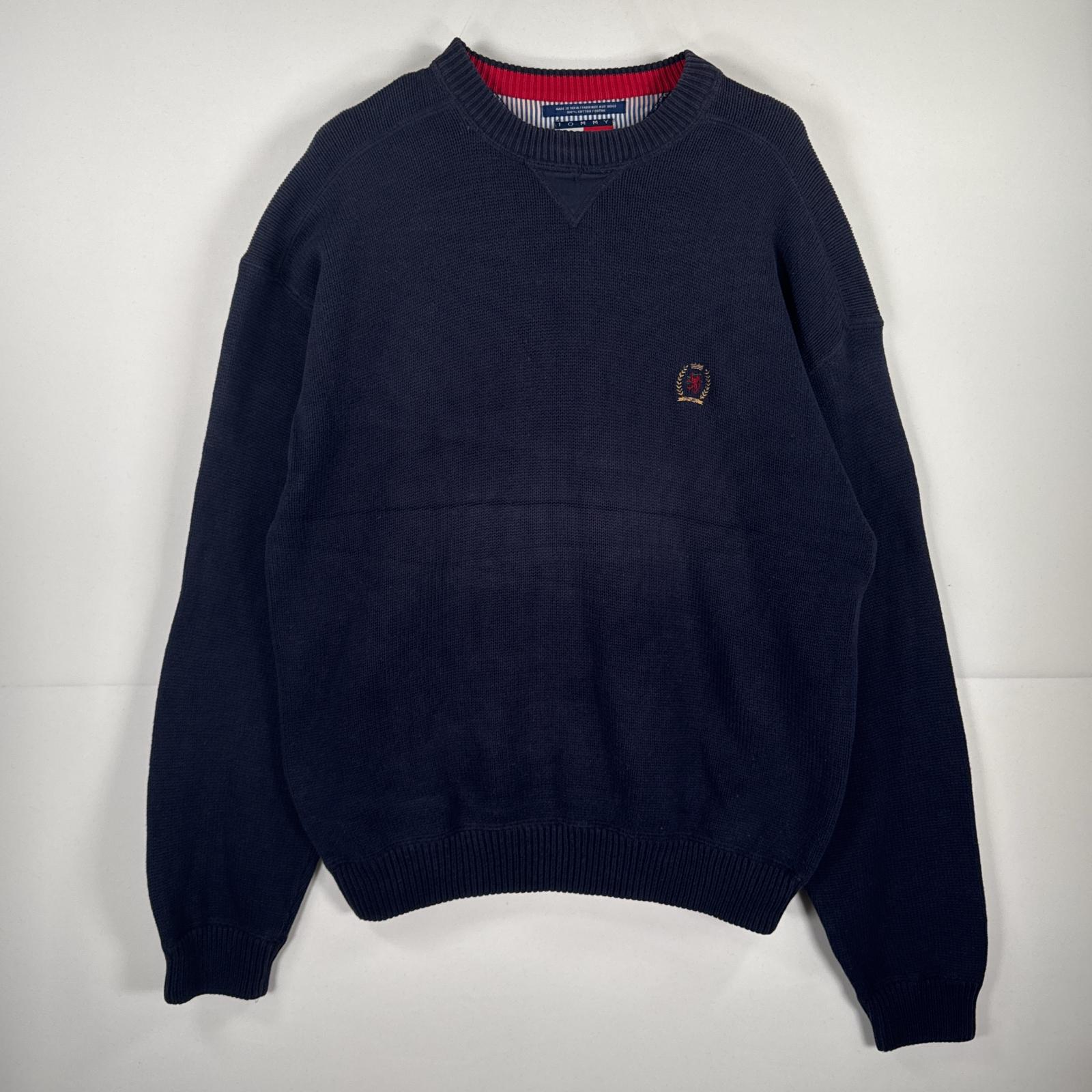 古着 90s/90年代 長袖 ニット セーター クルーネック コットン ワンポイント 刺繍 L ネイビー 無地 メンズ