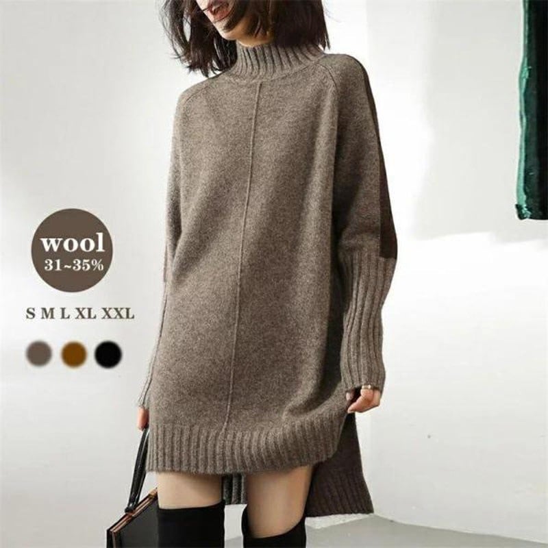 【短納期 新作品】ニットワンピース レディース ウール混 カシミヤタッチ セーター ニット 秋冬 長袖 ロング 膝丈 ハイネック ニットワンピ ワンピース ロングセーター 無地 秋コ