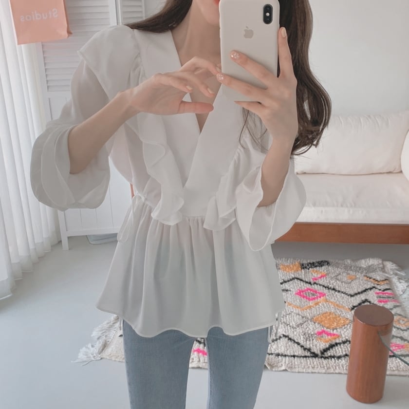 トップス レディース シャツ ブラウス 袖あり 長袖 襟なし フリル ウエストマーク ハイウエスト カシュクール Vネック ペプラム 大人可愛い きれいめ シンプル カジュアル 大人 上品 wto05
