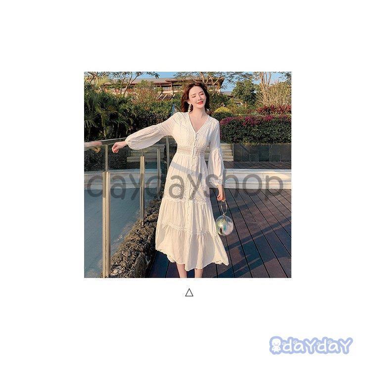 ワンピース レディース 40代 ボヘミアマキシワンピース 春夏 長袖ワンピース 白レース Vネックロングスカート 結婚式ドレス 大きいサイズ オシャレ 30代 50代