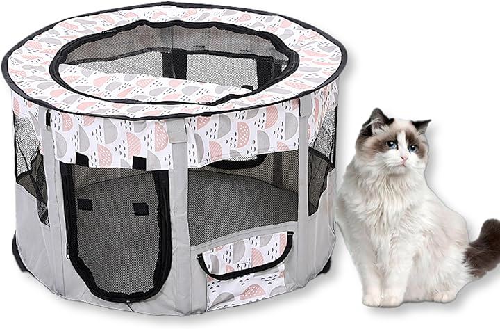 ケージ 折りたたみ ペットサークル メッシュ 90x55cm 通気性 屋根付き ダブルチャック ペットハウス 猫 犬 兼用 軽量 防水 組立簡単 持ち運び( グレー)